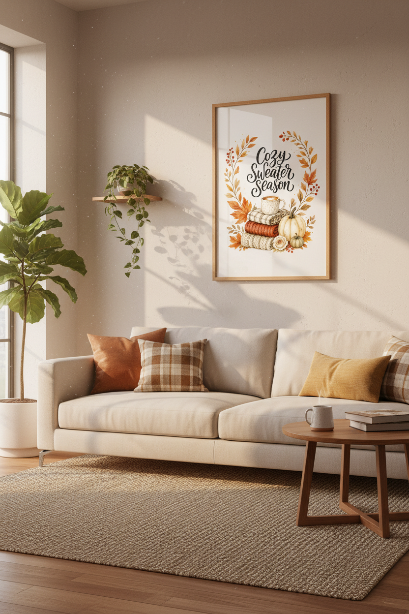 Cozy Sweater Season Fall Wall Art | Watercolor Pumpkin Poster | Aesthetic Autumn Decor