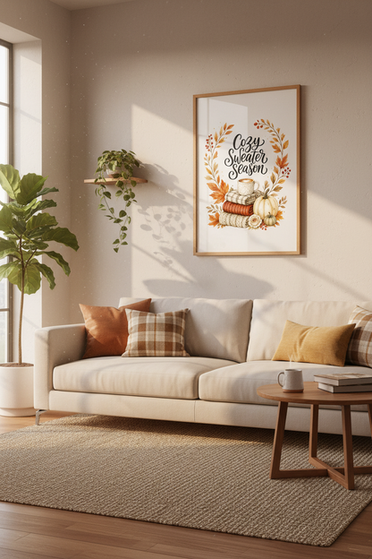 Cozy Sweater Season Fall Wall Art | Watercolor Pumpkin Poster | Aesthetic Autumn Decor