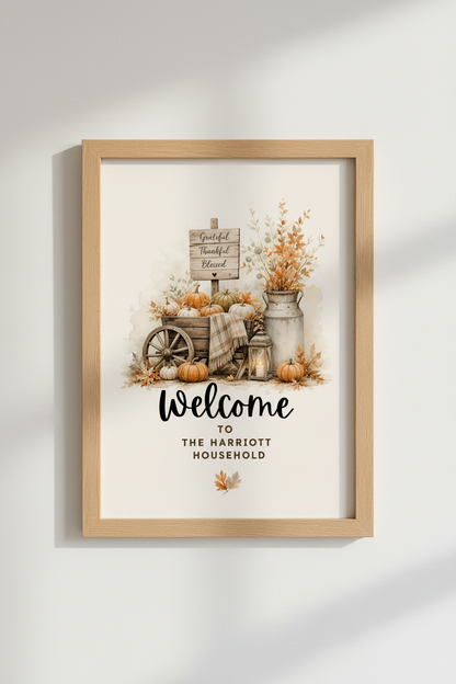 Fall Pumpkin Harvest Wall Art | Rustic Farmhouse Decor, Personalized Welcome Poster