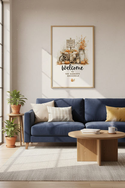 Fall Pumpkin Harvest Wall Art | Rustic Farmhouse Decor, Personalized Welcome Poster