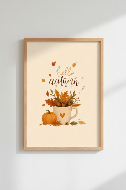 Hello Autumn Pumpkin Wall Art | Cozy Fall Leaves Poster | Rustic Home Decor