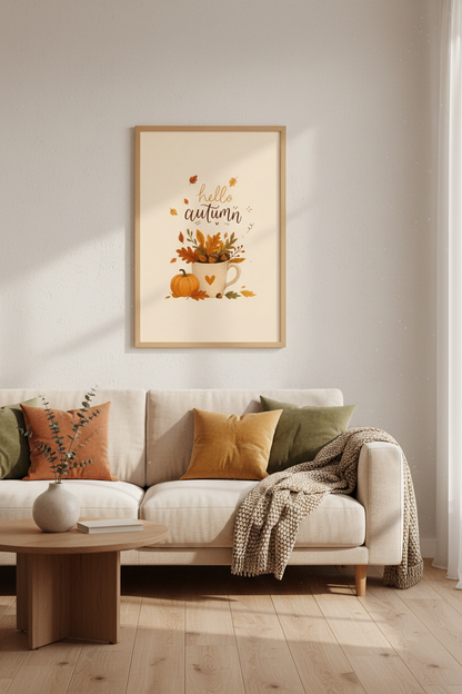 Hello Autumn Pumpkin Wall Art | Cozy Fall Leaves Poster | Rustic Home Decor