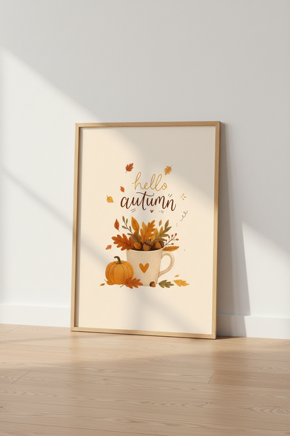 Hello Autumn Pumpkin Wall Art | Cozy Fall Leaves Poster | Rustic Home Decor