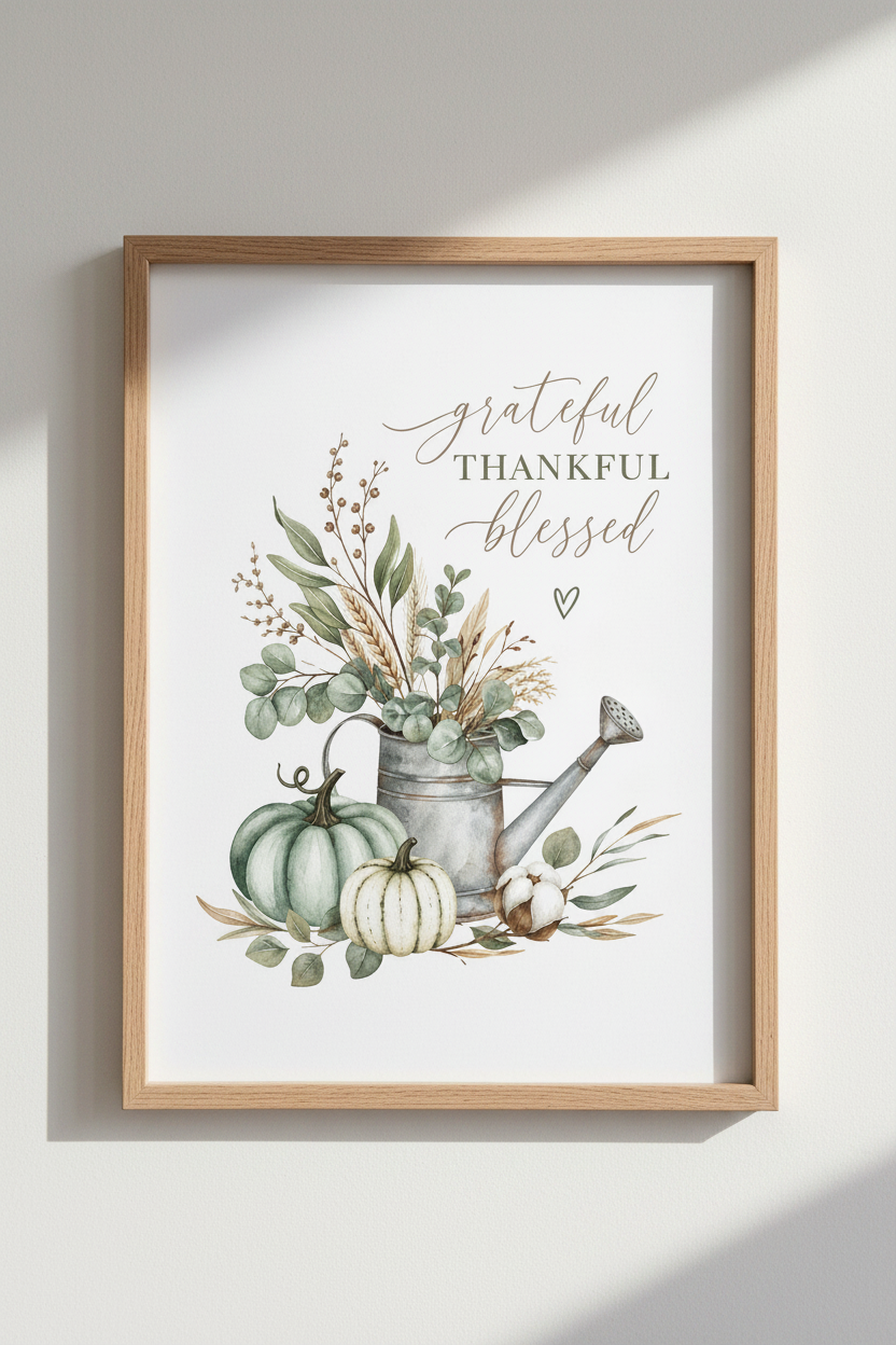 Watercolor Pumpkin Watering Can Wall Art | Farmhouse Kitchen Decor | Grateful Blessed