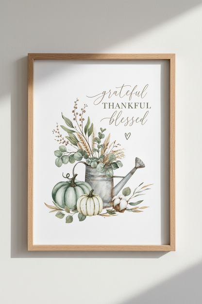 Watercolor Pumpkin Watering Can Wall Art | Farmhouse Kitchen Decor | Grateful Blessed
