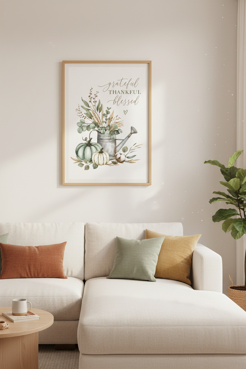 Watercolor Pumpkin Watering Can Wall Art | Farmhouse Kitchen Decor | Grateful Blessed