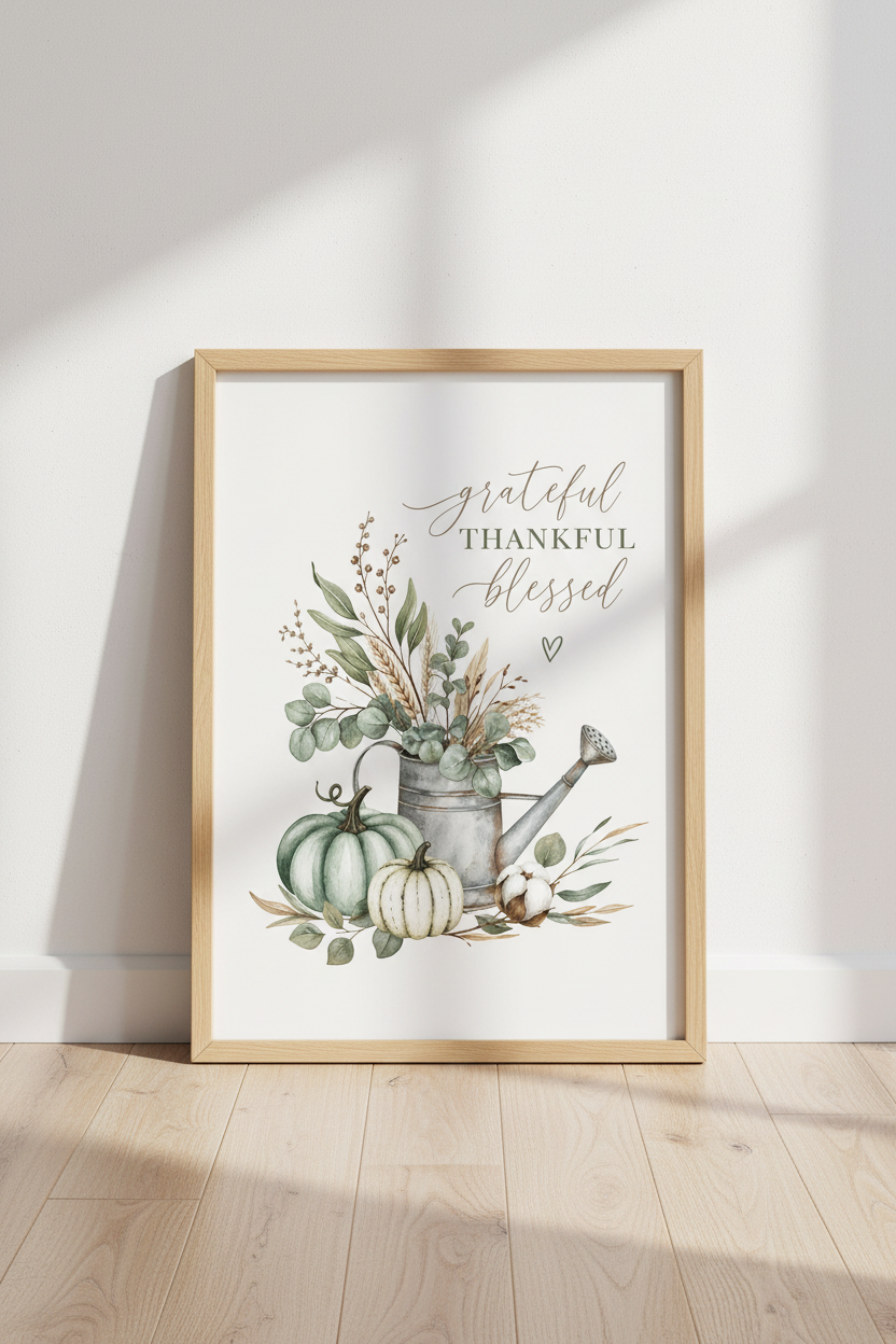 Watercolor Pumpkin Watering Can Wall Art | Farmhouse Kitchen Decor | Grateful Blessed
