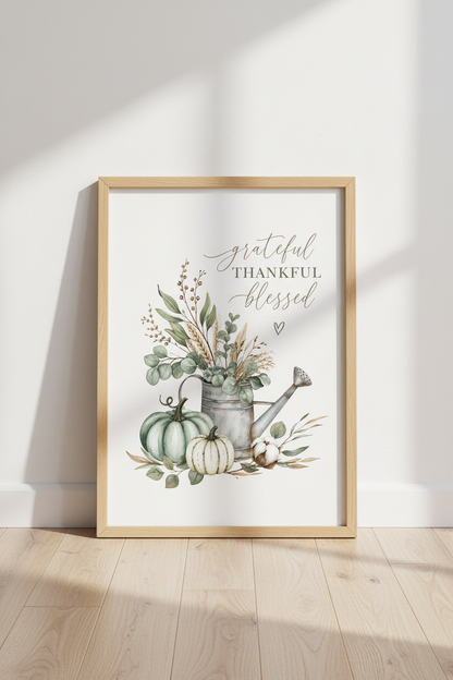 Watercolor Pumpkin Watering Can Wall Art | Farmhouse Kitchen Decor | Grateful Blessed