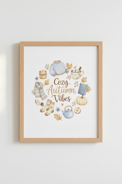Cozy Autumn Vibes Watercolor Wall Art | Fall Foliage Decor | Blue &amp; Cream Poster