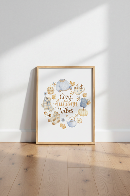 Cozy Autumn Vibes Watercolor Wall Art | Fall Foliage Decor | Blue &amp; Cream Poster