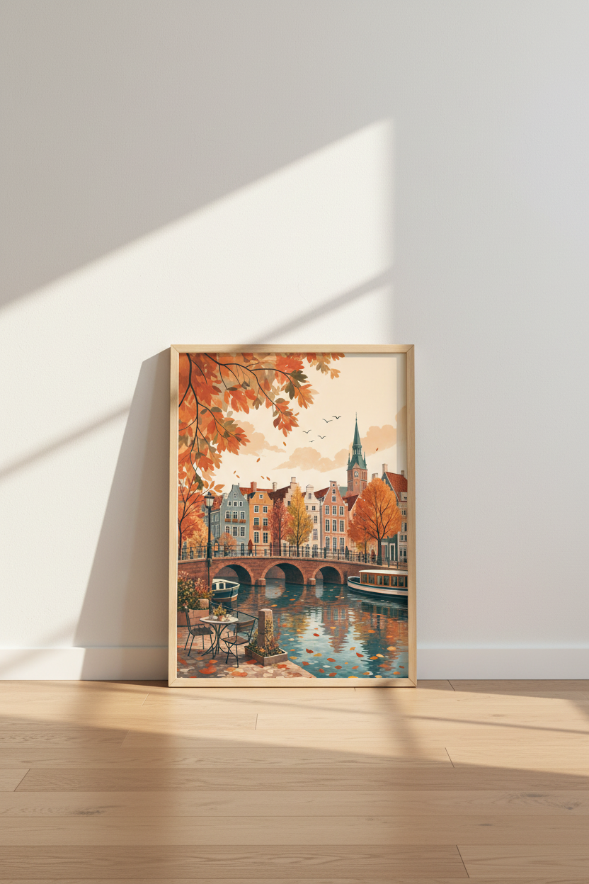Autumn Amsterdam Canal Wall Art | Fall Cityscape Poster, Cozy Home Decor