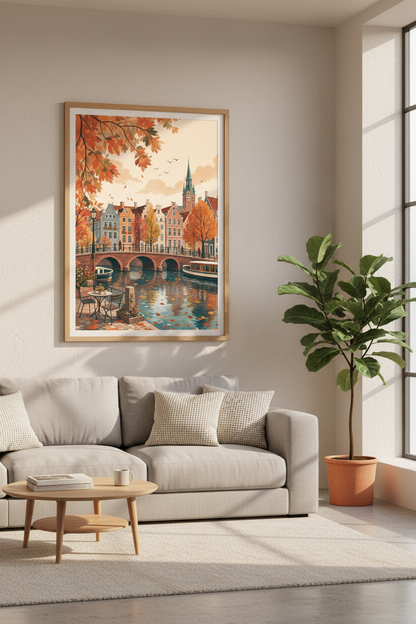 Autumn Amsterdam Canal Wall Art | Fall Cityscape Poster, Cozy Home Decor