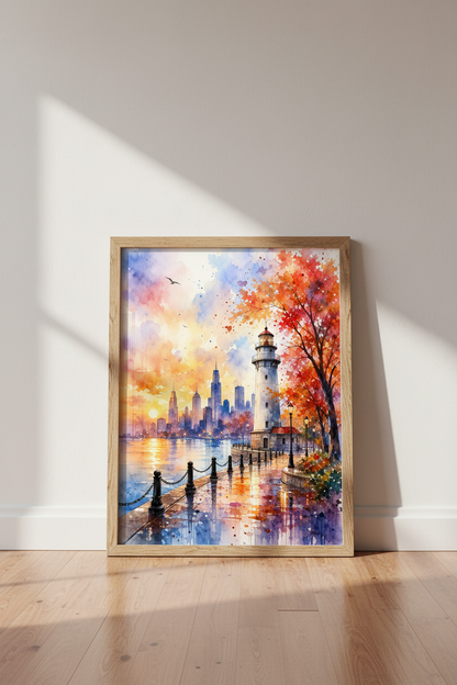 Lighthouse Cityscape Watercolor Art | Vibrant Sunset Skyline Print | Coastal Urban Decor