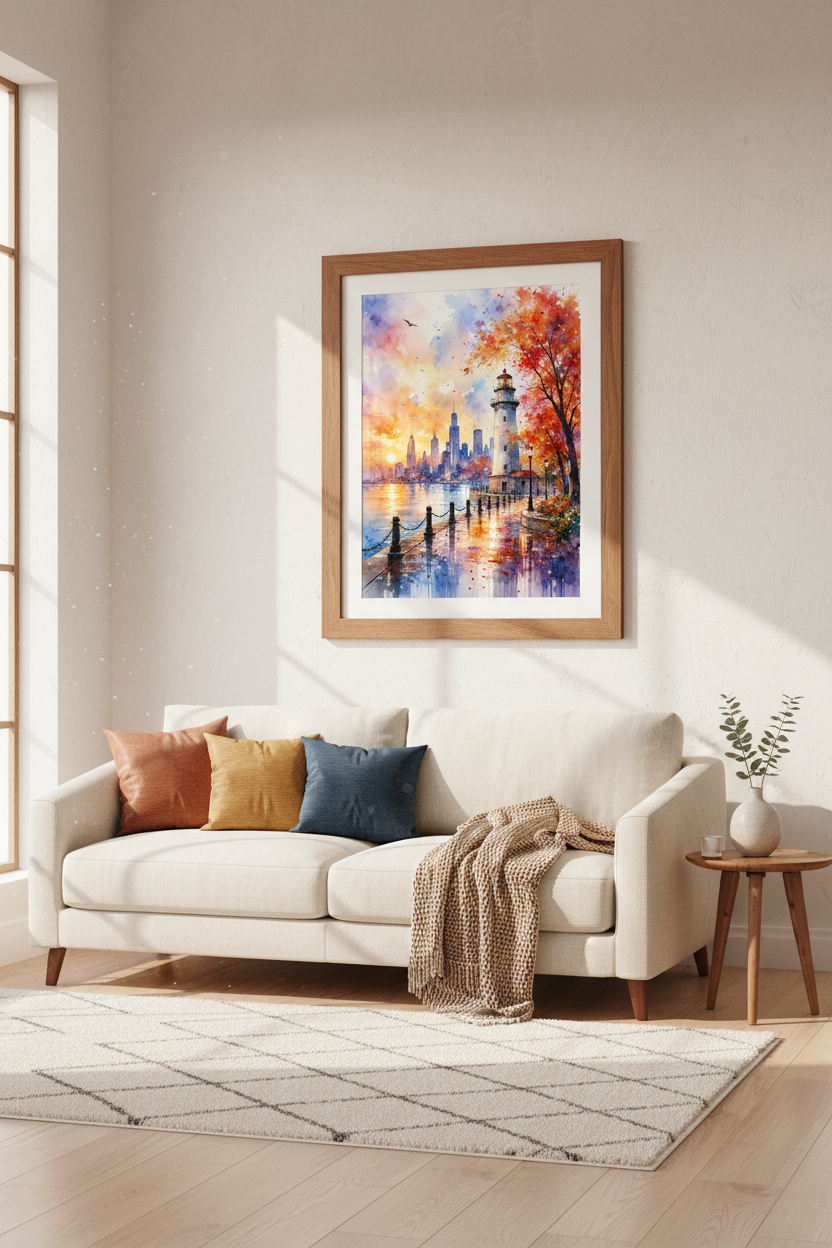 Lighthouse Cityscape Watercolor Art | Vibrant Sunset Skyline Print | Coastal Urban Decor