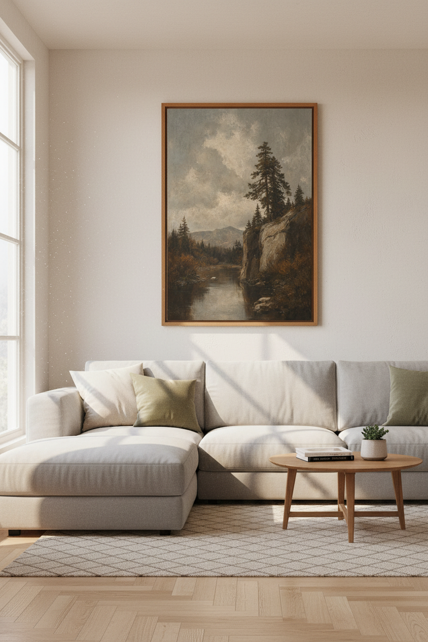 Moody Pine Forest Mountain Lake | Vintage Oil Style, Rustic Cabin Wall Art