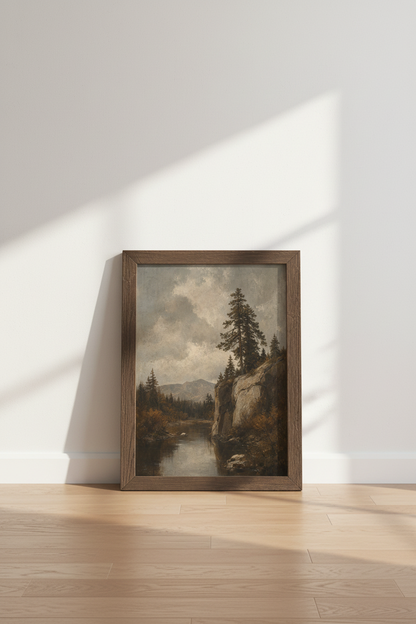 Moody Pine Forest Mountain Lake | Vintage Oil Style, Rustic Cabin Wall Art