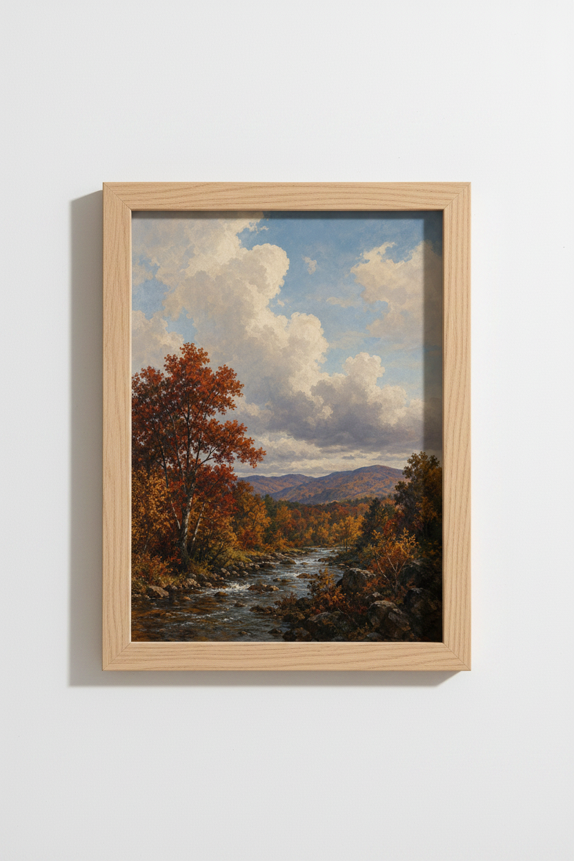 Fall Landscape Art Print | Mountain River Autumn Scene, Rustic Country Wall Decor