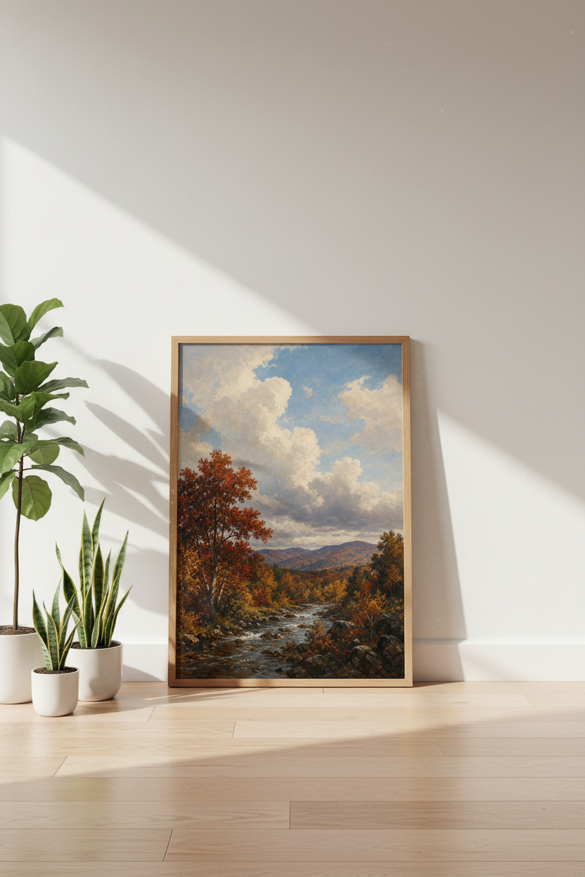 Fall Landscape Art Print | Mountain River Autumn Scene, Rustic Country Wall Decor