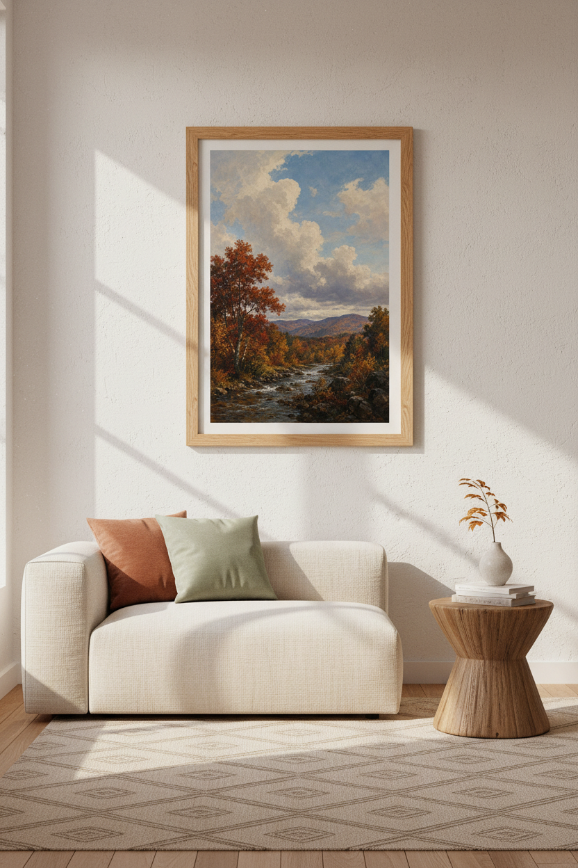 Fall Landscape Art Print | Mountain River Autumn Scene, Rustic Country Wall Decor