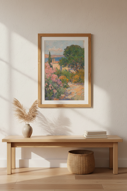 Mediterranean Landscape Print | European Coastal Garden Art, French Riviera Villa Poster