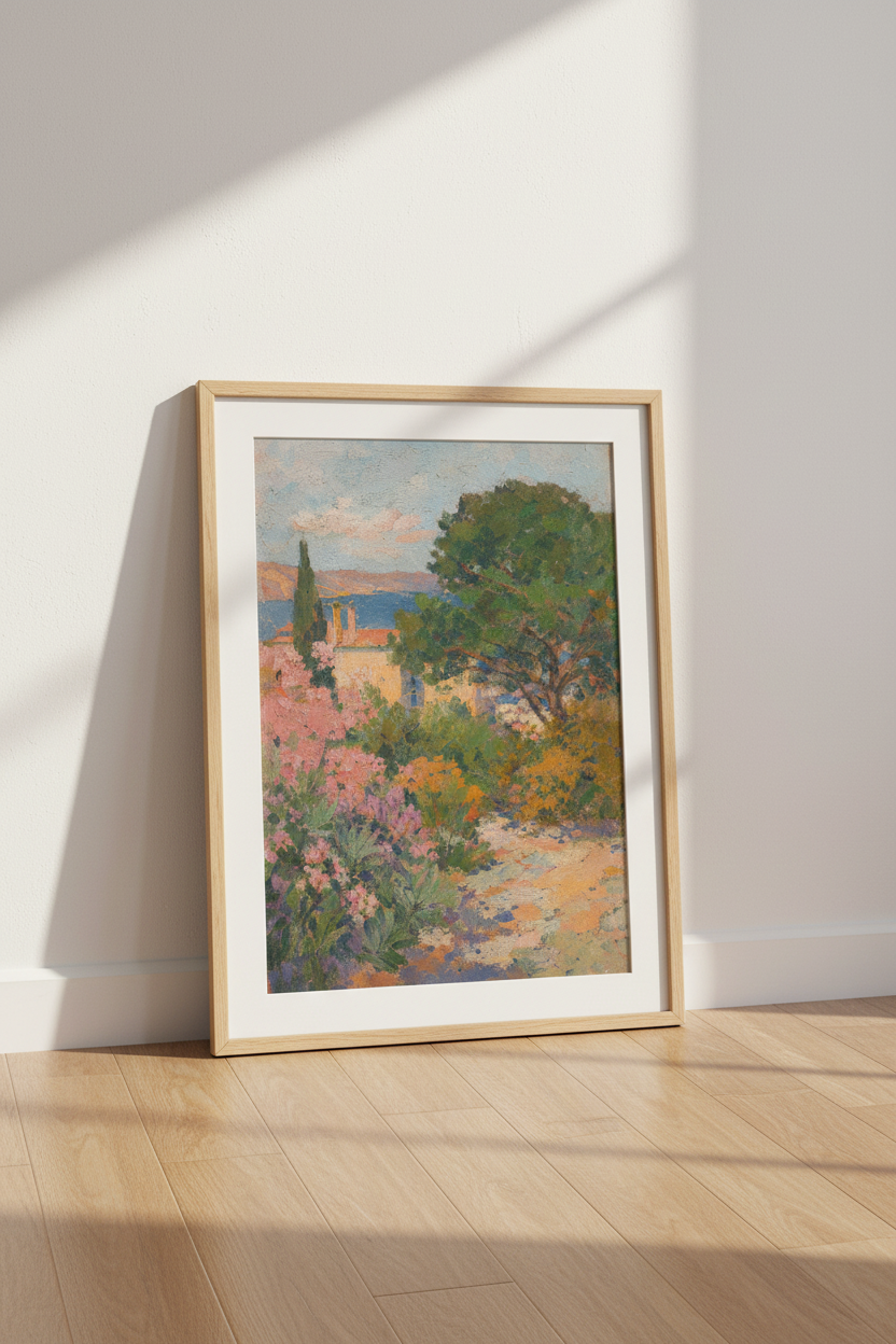 Mediterranean Landscape Print | European Coastal Garden Art, French Riviera Villa Poster