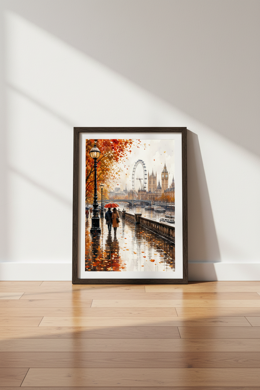 London Autumn Watercolor Wall Art | Thames Cityscape Poster | Romantic Fall Decor