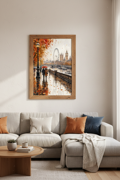 London Autumn Watercolor Wall Art | Thames Cityscape Poster | Romantic Fall Decor