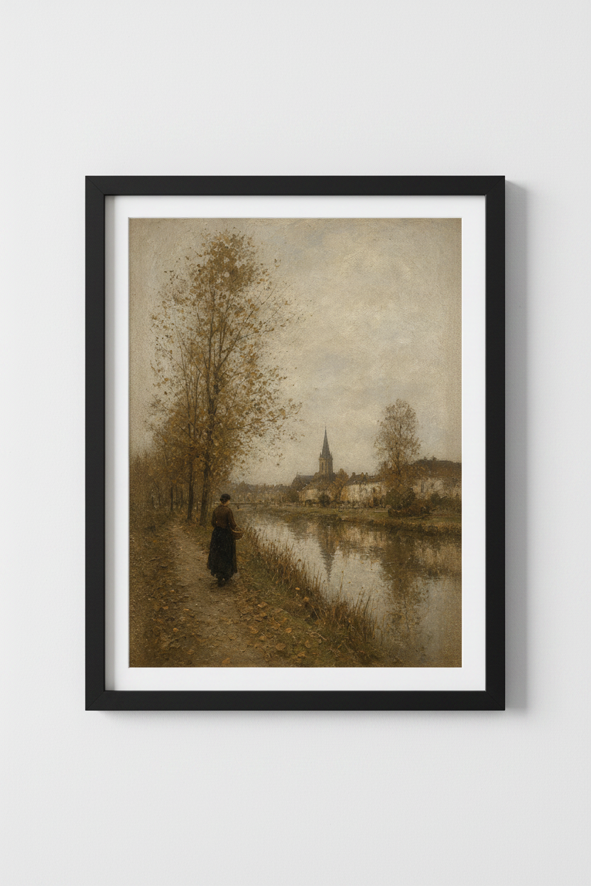 European Village River Print | Moody Landscape Wall Art, French Country Decor