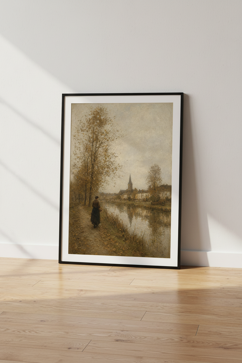European Village River Print | Moody Landscape Wall Art, French Country Decor
