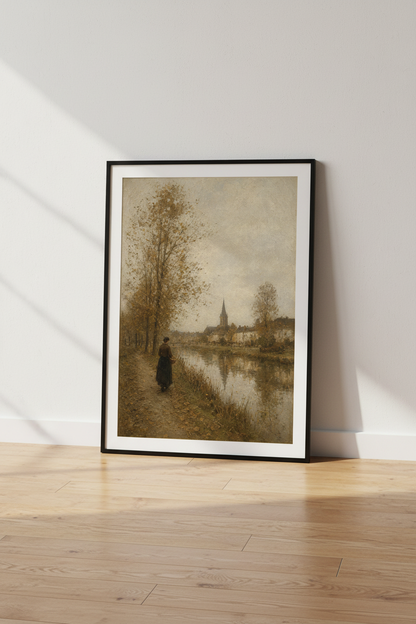 European Village River Print | Moody Landscape Wall Art, French Country Decor