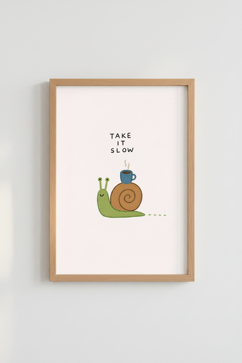 Take It Slow Snail Wall Art Print | Cute Coffee Decor | Whimsical Pastel Poster