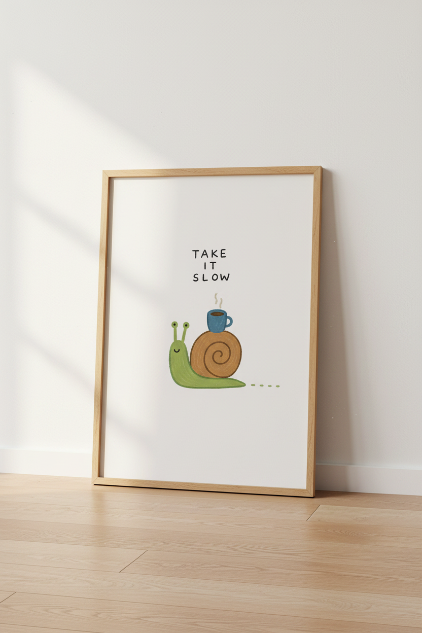 Take It Slow Snail Wall Art Print | Cute Coffee Decor | Whimsical Pastel Poster