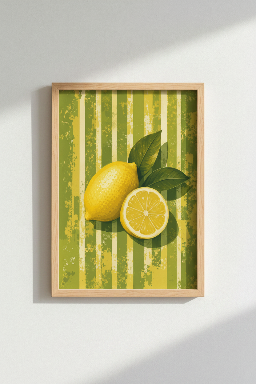 Lemon Fruit Wall Art | Vintage Citrus Stripe Print | Kitchen &amp; Dining Room Decor