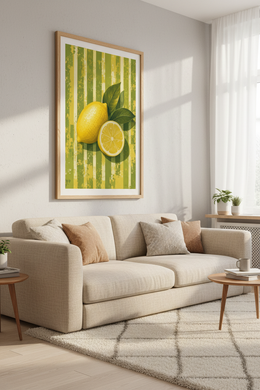 Lemon Fruit Wall Art | Vintage Citrus Stripe Print | Kitchen &amp; Dining Room Decor