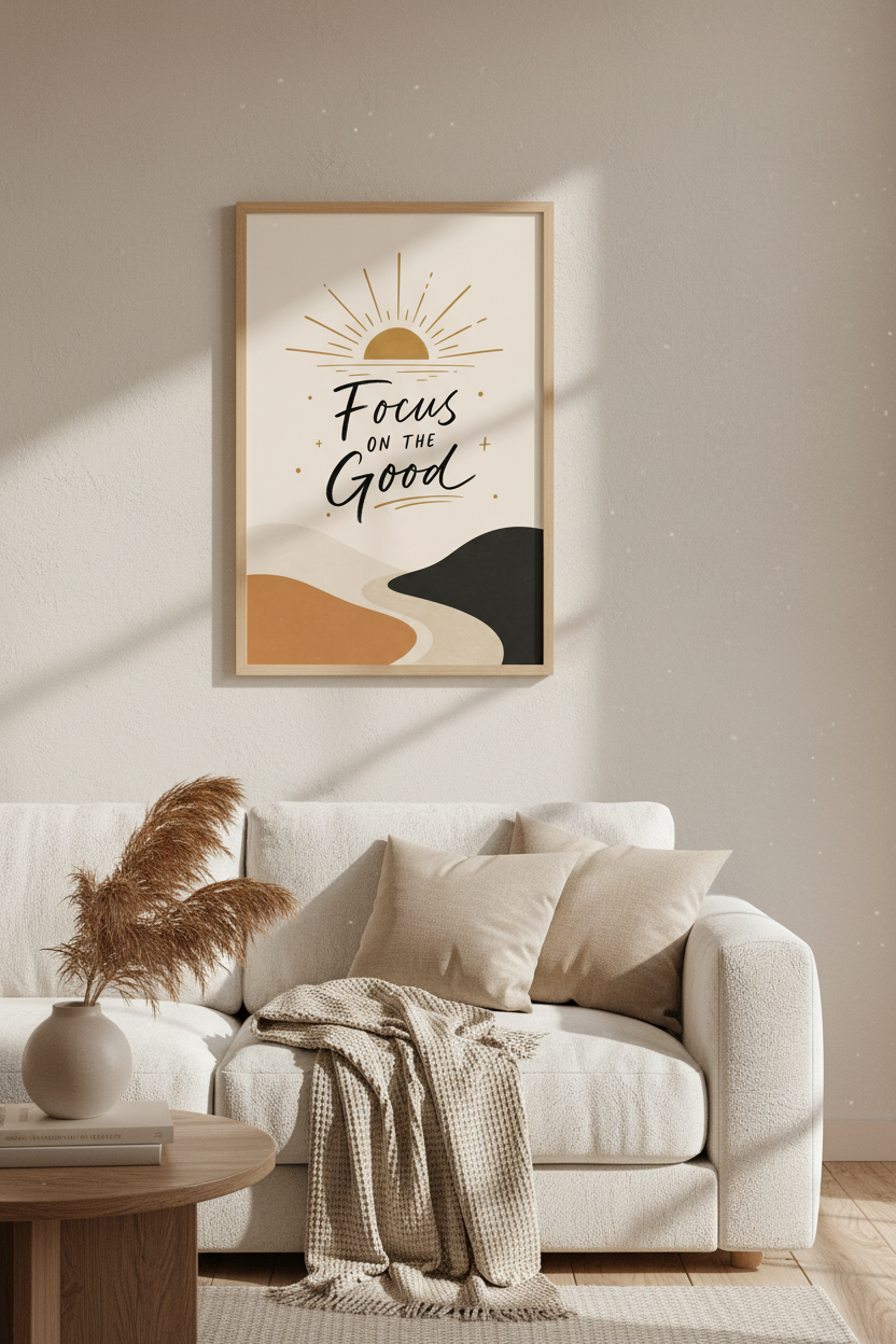 Focus on the Good Wall Art | Boho Sun Landscape Print, Home Office Decor