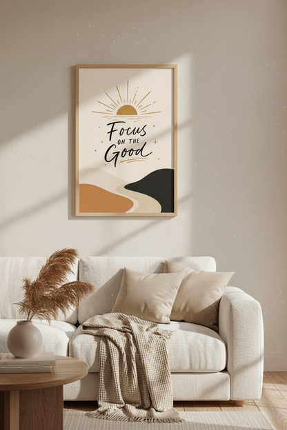 Focus on the Good Wall Art | Boho Sun Landscape Print, Home Office Decor