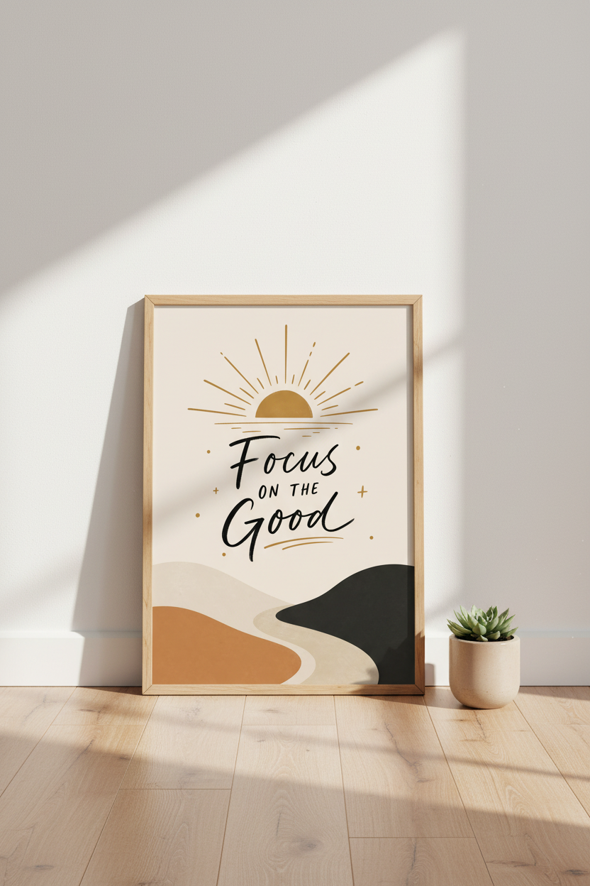 Focus on the Good Wall Art | Boho Sun Landscape Print, Home Office Decor