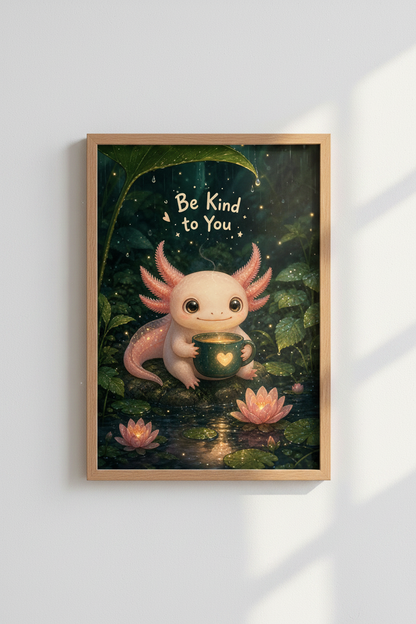 Axolotl Wall Art Print | Cute Pink Salamander Nursery Decor | Whimsical Cozy Poster