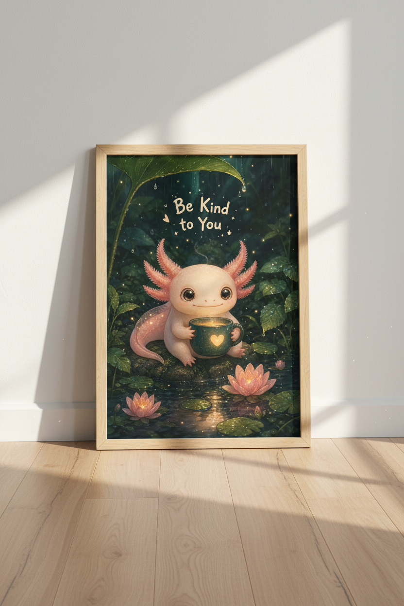 Axolotl Wall Art Print | Cute Pink Salamander Nursery Decor | Whimsical Cozy Poster