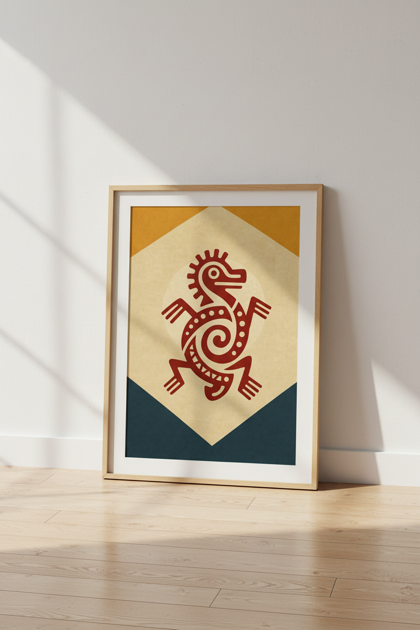 Mayan Lizard Tribal Wall Art | Burnt Orange &amp; Teal Decor | Ancient Aesthetic Poster