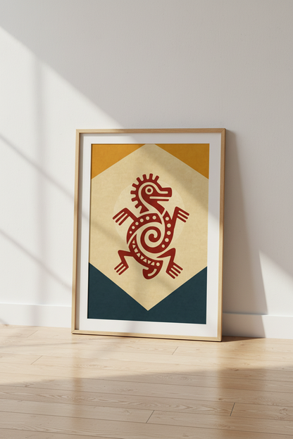 Mayan Lizard Tribal Wall Art | Burnt Orange &amp; Teal Decor | Ancient Aesthetic Poster