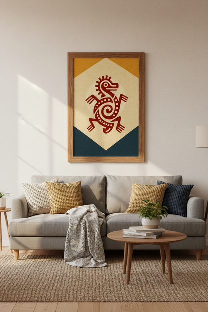 Mayan Lizard Tribal Wall Art | Burnt Orange &amp; Teal Decor | Ancient Aesthetic Poster