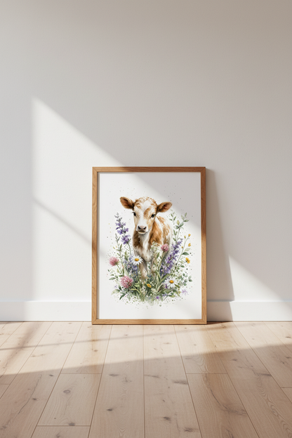 Baby Cow Wildflower Art | Watercolor Farmhouse Print, Nursery Decor