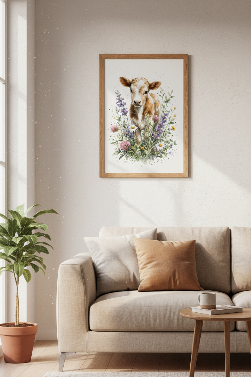 Baby Cow Wildflower Art | Watercolor Farmhouse Print, Nursery Decor