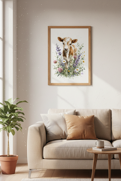 Baby Cow Wildflower Art | Watercolor Farmhouse Print, Nursery Decor