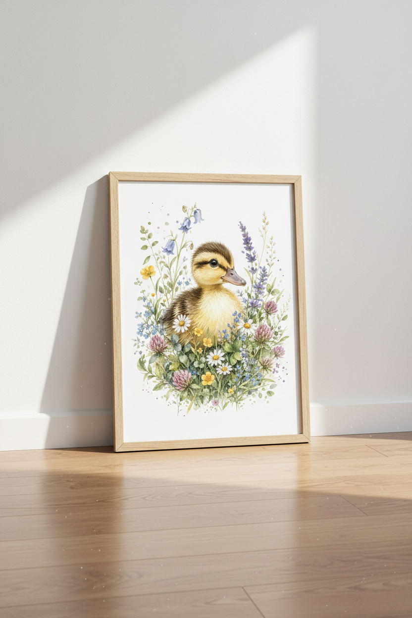 Duckling &amp; Wildflowers Art | Pastel Watercolor Nursery Decor, Garden Poster