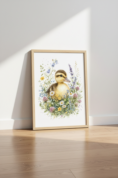Duckling &amp; Wildflowers Art | Pastel Watercolor Nursery Decor, Garden Poster