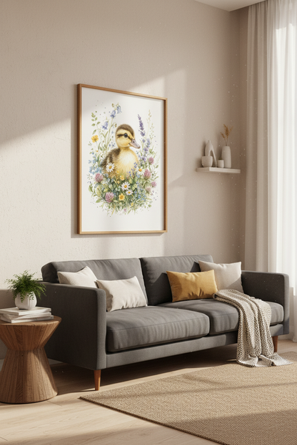 Duckling &amp; Wildflowers Art | Pastel Watercolor Nursery Decor, Garden Poster