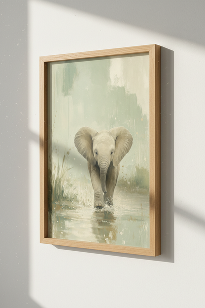Baby Elephant Wall Art | Sage Green Safari Nursery Decor | Neutral Painted Poster