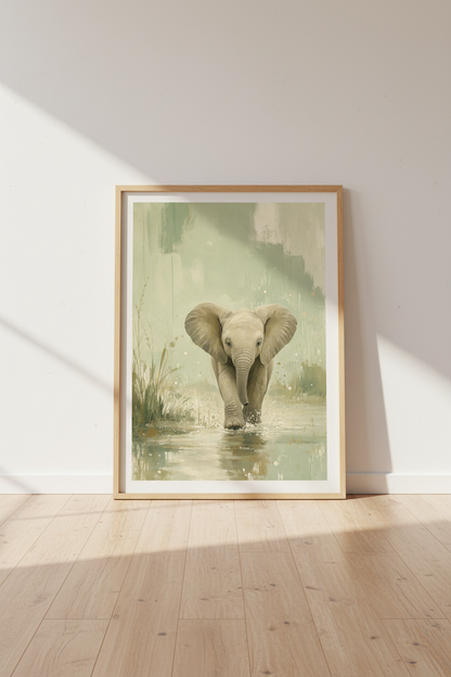 Baby Elephant Wall Art | Sage Green Safari Nursery Decor | Neutral Painted Poster
